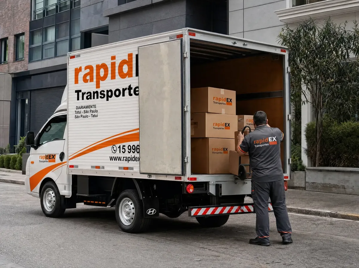 Carregamento de mercadorias no caminhão da Rapidex Transportes