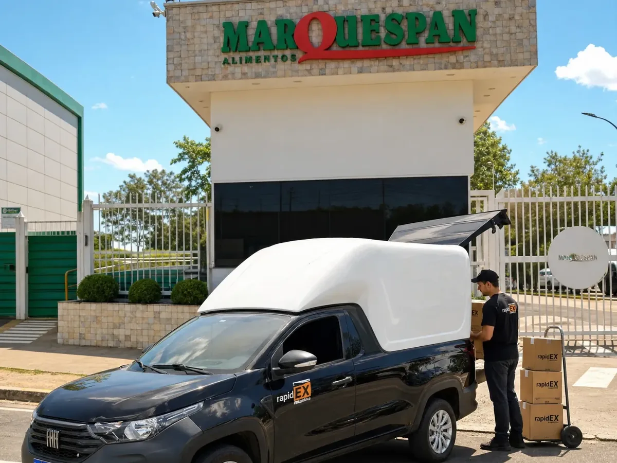 Picape identificada da Rapidex com entregador carregando caixas em frente à Marquespan Alimentos